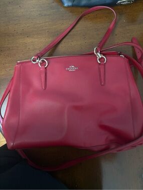 Coach Red Leather Shoulder Tote with Silver Hardware